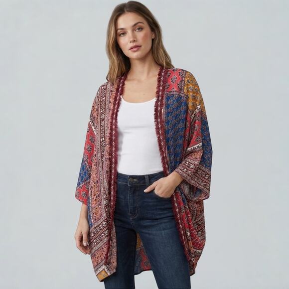 Umgee Mix Block Print Boho Patchwork Open Front Kimono Duster Size S/M - Picture 1 of 8